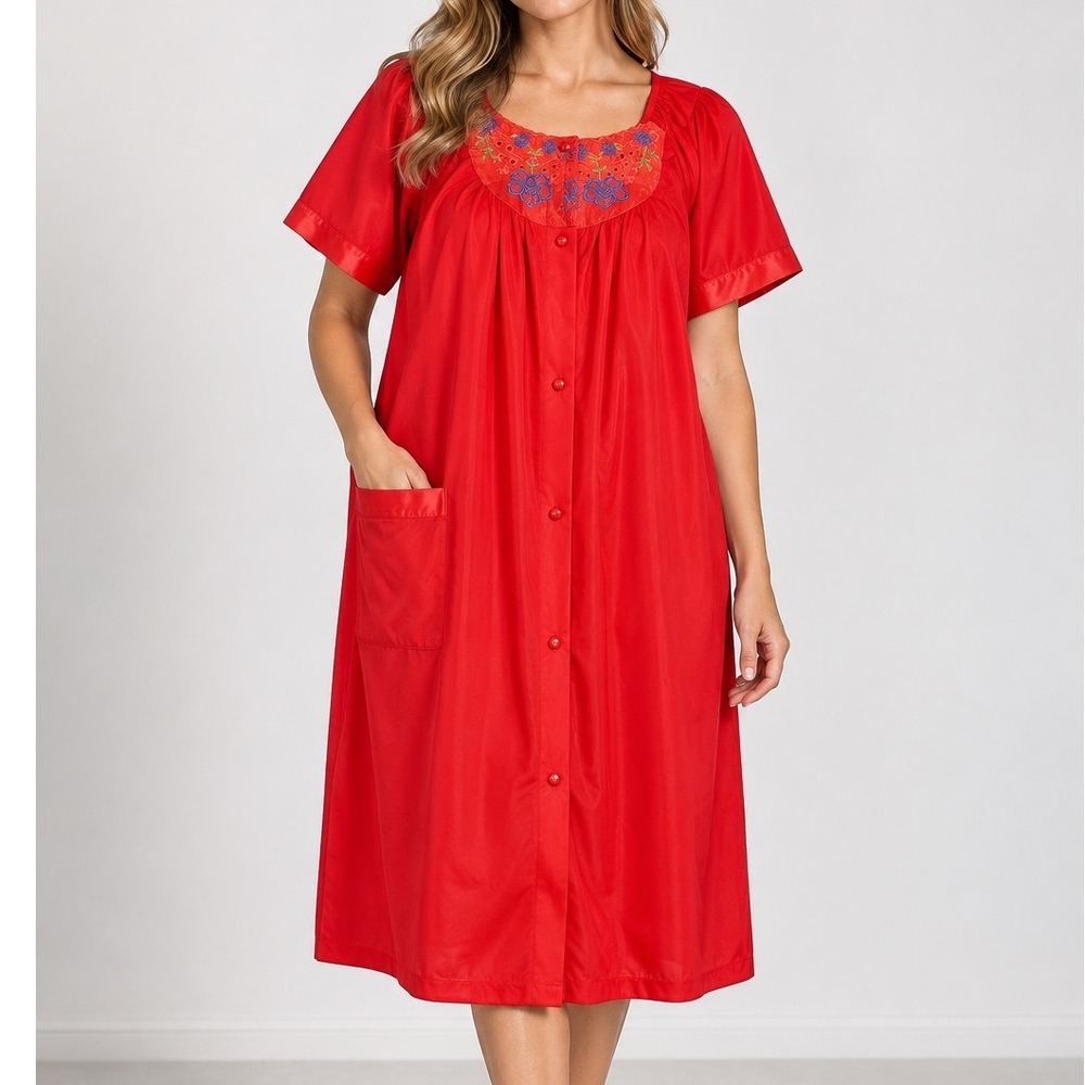 Vintage Kelly Reed Red Embroidered Yoke Duster Nightgown Medium Made in USA